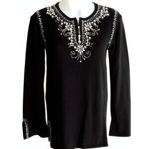 Quacker Factory Black Cotton Blend Tunic Sweater-Sequined Beaded Pearls  XL